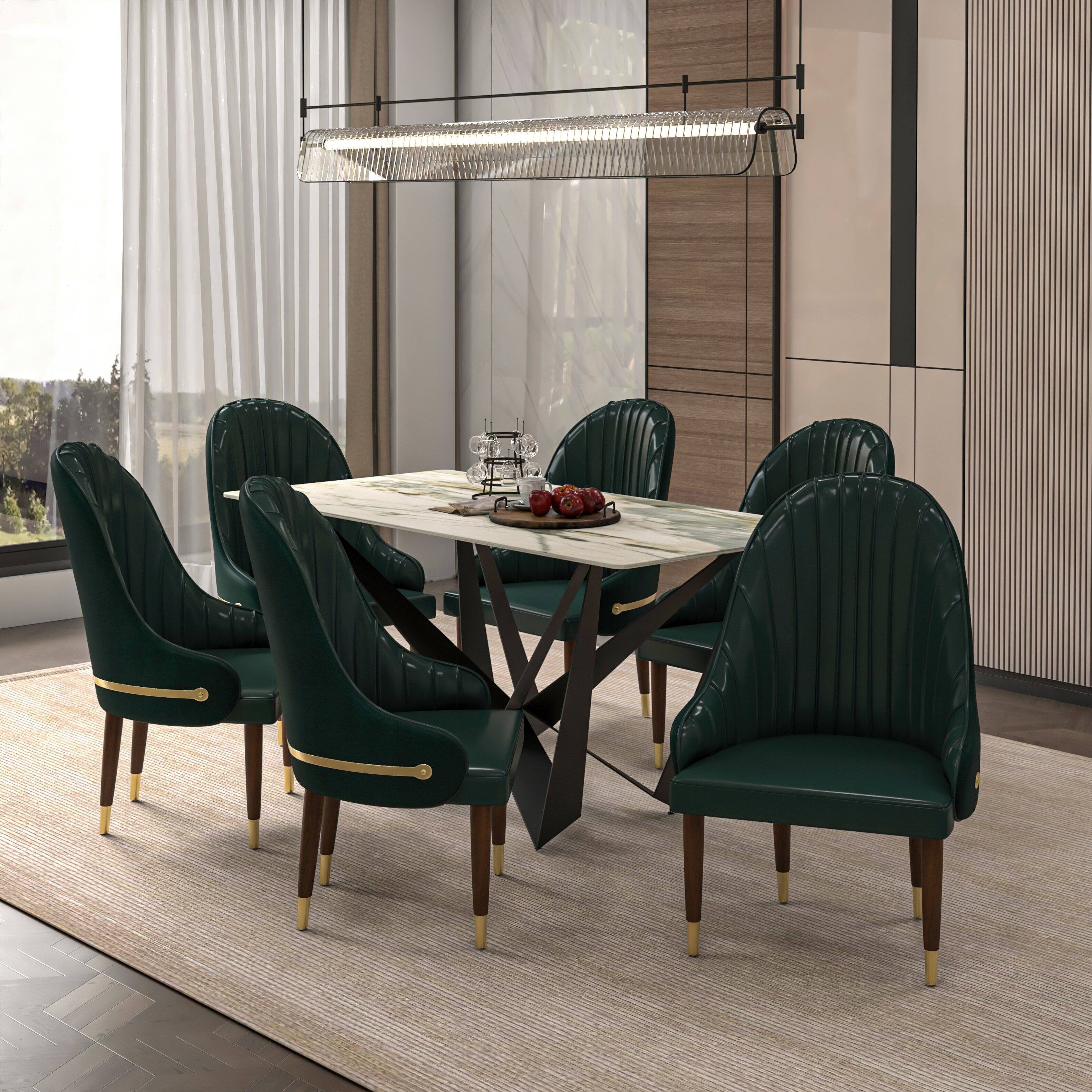 Left. LeisureMod - Elara Modern Vegan Leather Dining Chair with Rubberwood Frame - Green.
