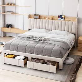Acekool - King Size Upholstered Bed Frame with Storage Headboard and Charging Station, Platform Bed Frame with Drawers - Beige