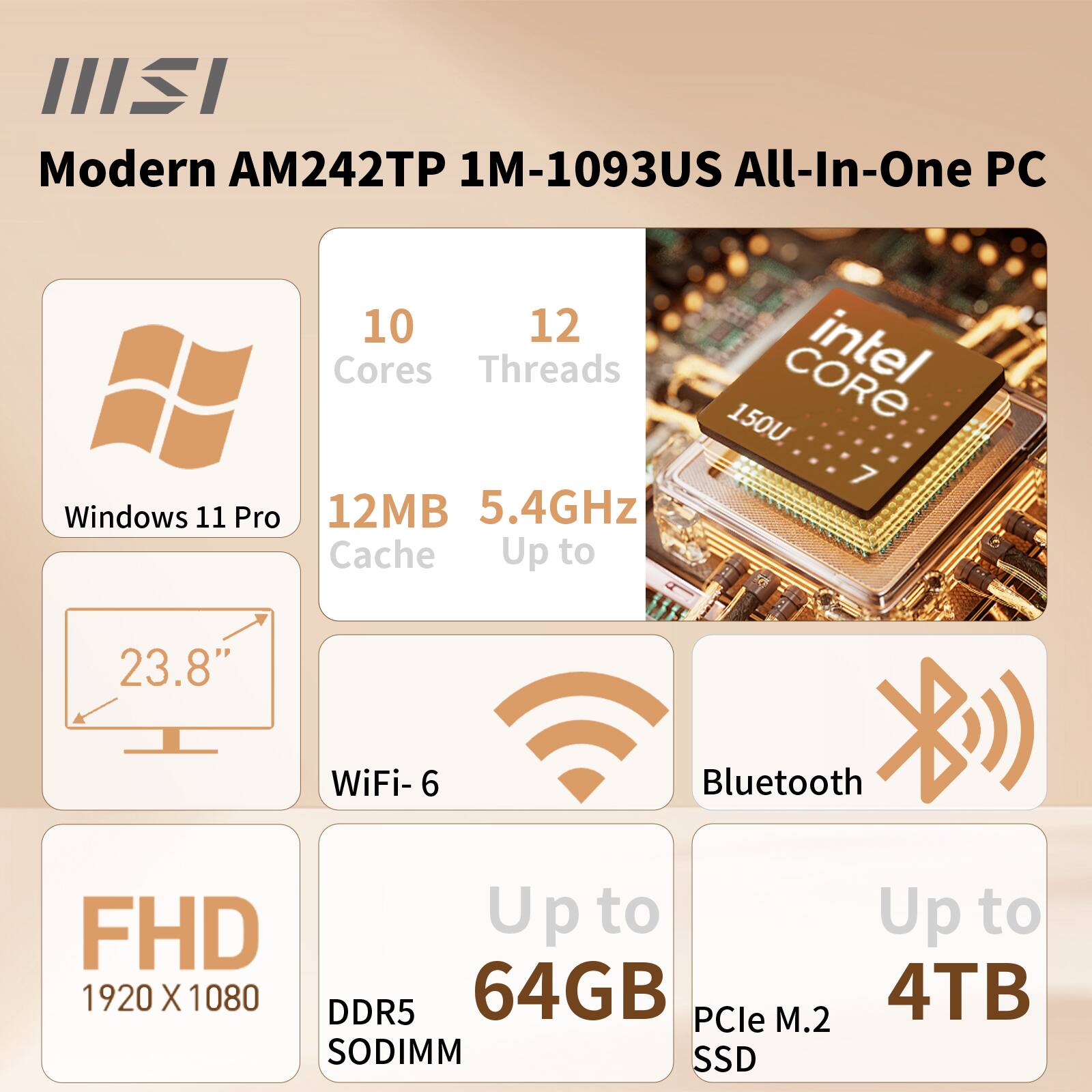 Modern AM242TP 1M-1093US All-In-One PC

- Windows 11 Pro
- 10 Cores, 12 Threads
- 12MB Cache
- Up to 5.4GHz
- 23.8" Display
- WiFi-6
- Bluetooth
- FHD (1920 x 1080)
- Up to 64GB DDR5 SODIMM
- Up to 4TB PCIe M.2 SSD