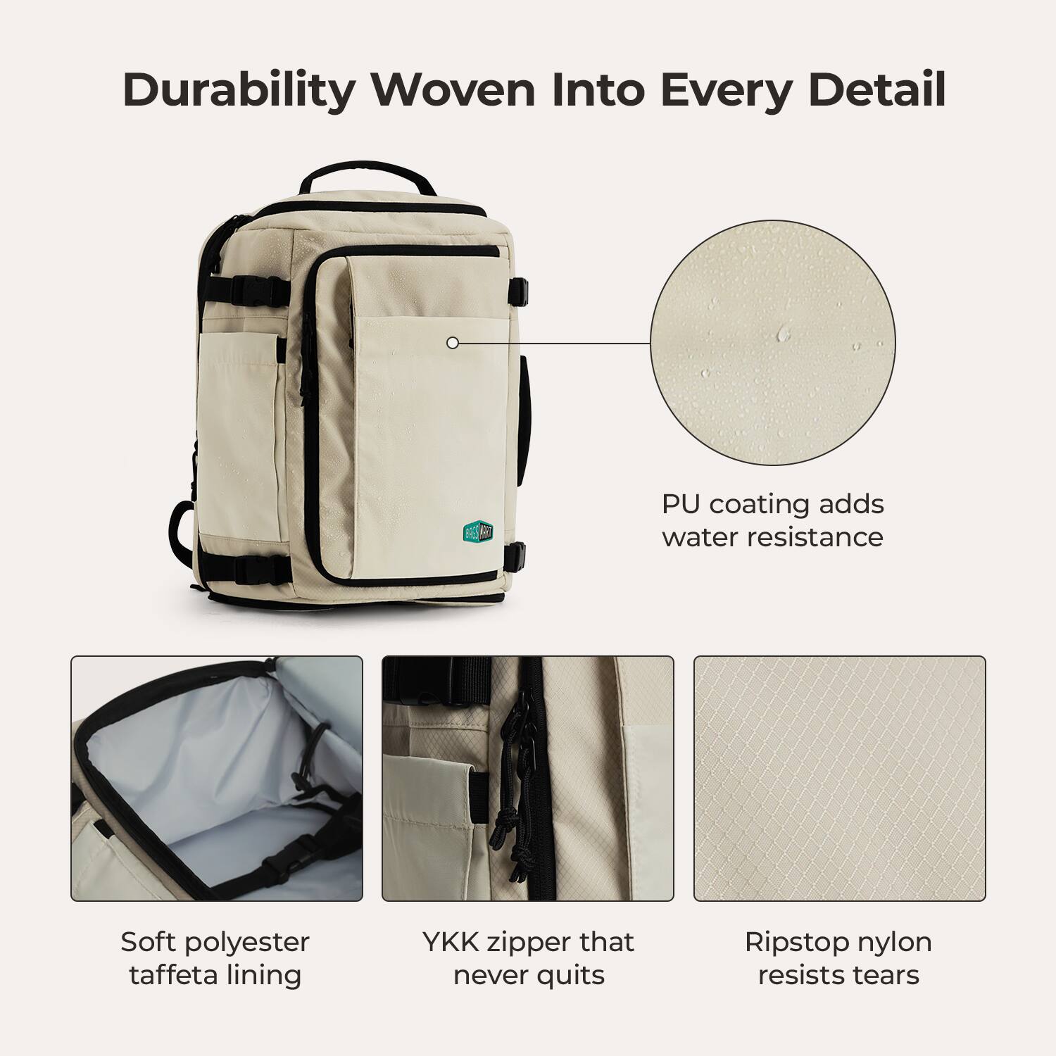 Durability Woven Into Every Detail

- PU coating adds water resistance
- Soft polyester taffeta lining
- YKK zipper that never quits
- Ripstop nylon resists tears