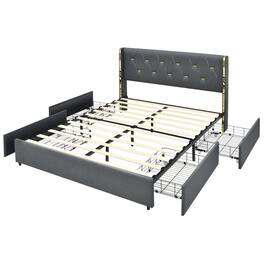LUCKY ONE - Full/Queen Assembled Upholstered Bed Frame with 4 Storage Drawers Tufted Headboard Steel Frame - Dark Gray