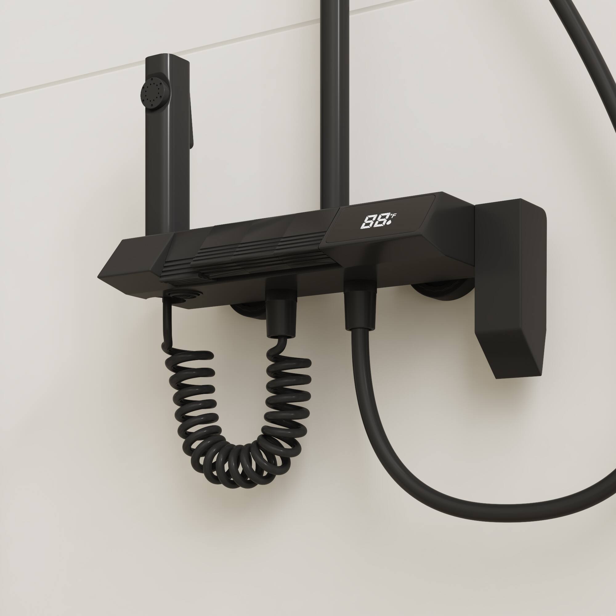 Alt View 1. Famapy - Thermostatic Shower System with LED Temperature Display 4-Mode Rainfall Shower Combo with Handheld,Waterfall&Spray Gun - Black.