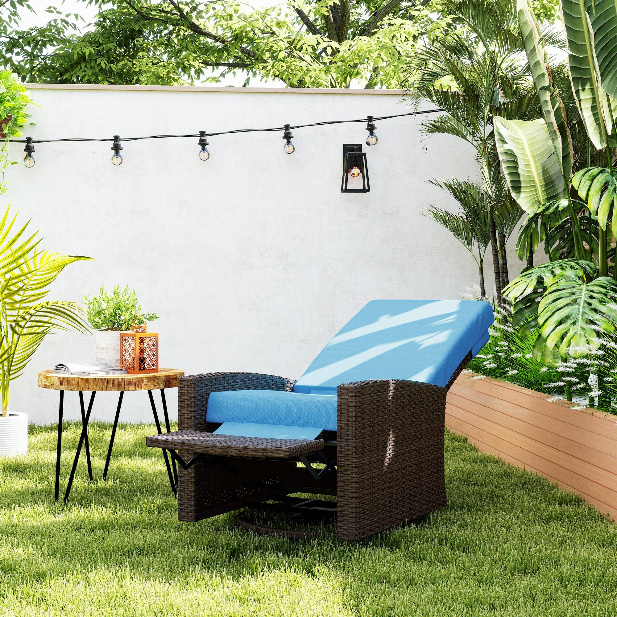 Alt View 1. Outsunny - Outdoor Wicker Swivel Recliner Chair, Reclining Backrest, Lifting Footrest, 360° Rotating Basic - Sky Blue.