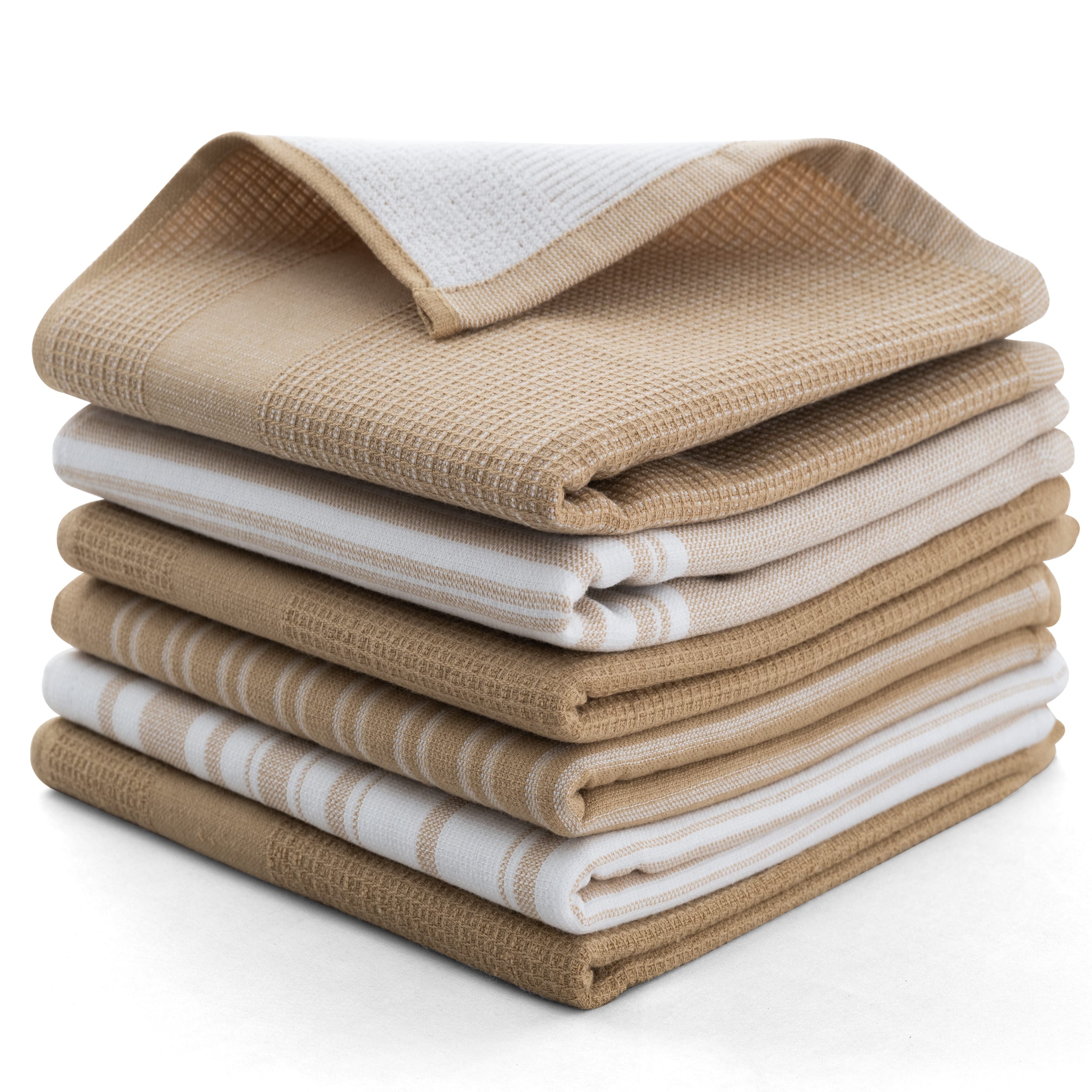 Lux Decor Collection - 6-Piece 100% Cotton Kitchen Towel Set 16x26, Highly Absorbent Terry Dish Towels, Soft & Durable, Striped & Waffle Design - Khaki