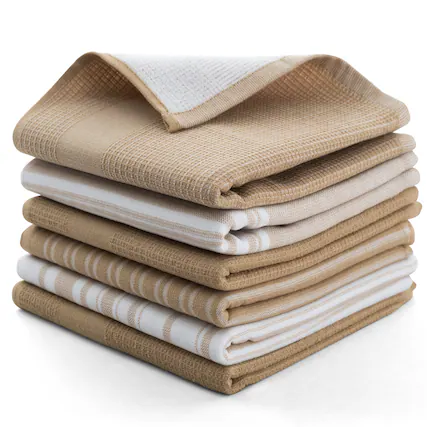 Front. Lux Decor Collection - 6-Piece 100% Cotton Kitchen Towel Set 16x26, Highly Absorbent Terry Dish Towels, Soft & Durable, Striped & Waffle Design - Khaki.