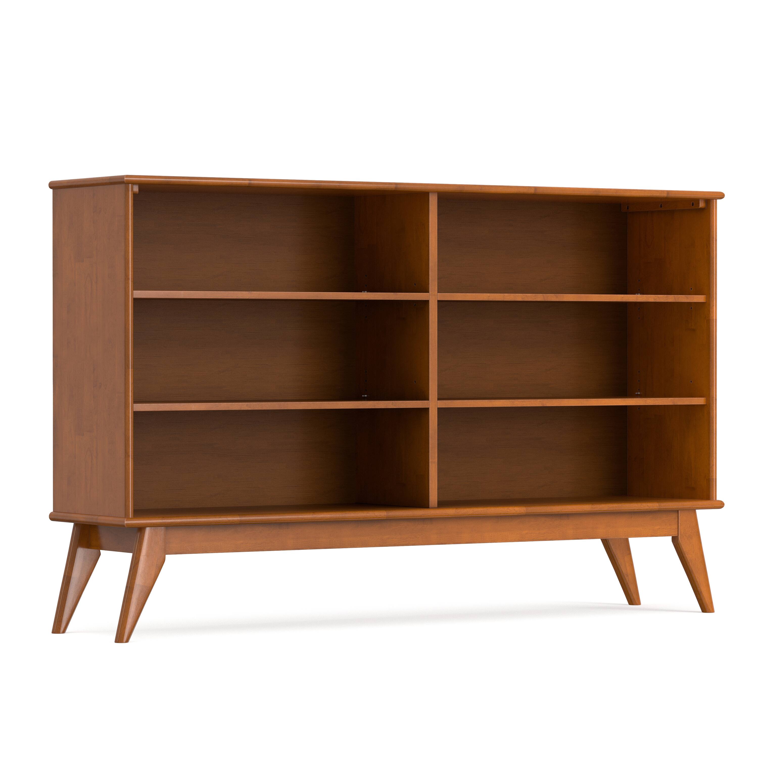 Angle. Simpli Home - Simpli Home Draper 64 inch Wide Solid Wood Mid Century 6 Shelf Bookcase in Teak Brown - Teak Brown.