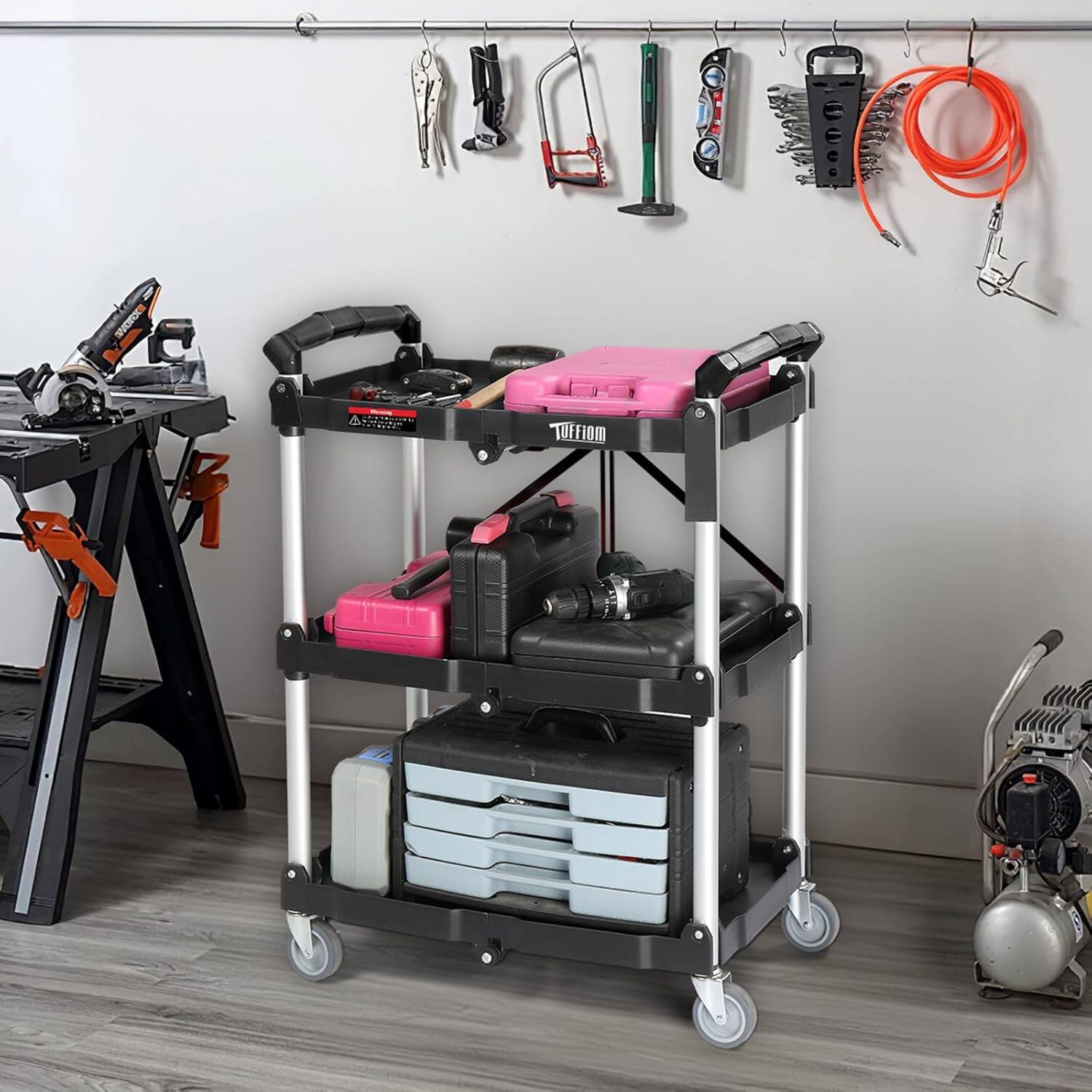 Left. Winado - Portable 3-Tier Folding Utility Cart Rolling Service Cart with 3 Shelves & Storage Space , No Assembly Required for Home - Black.