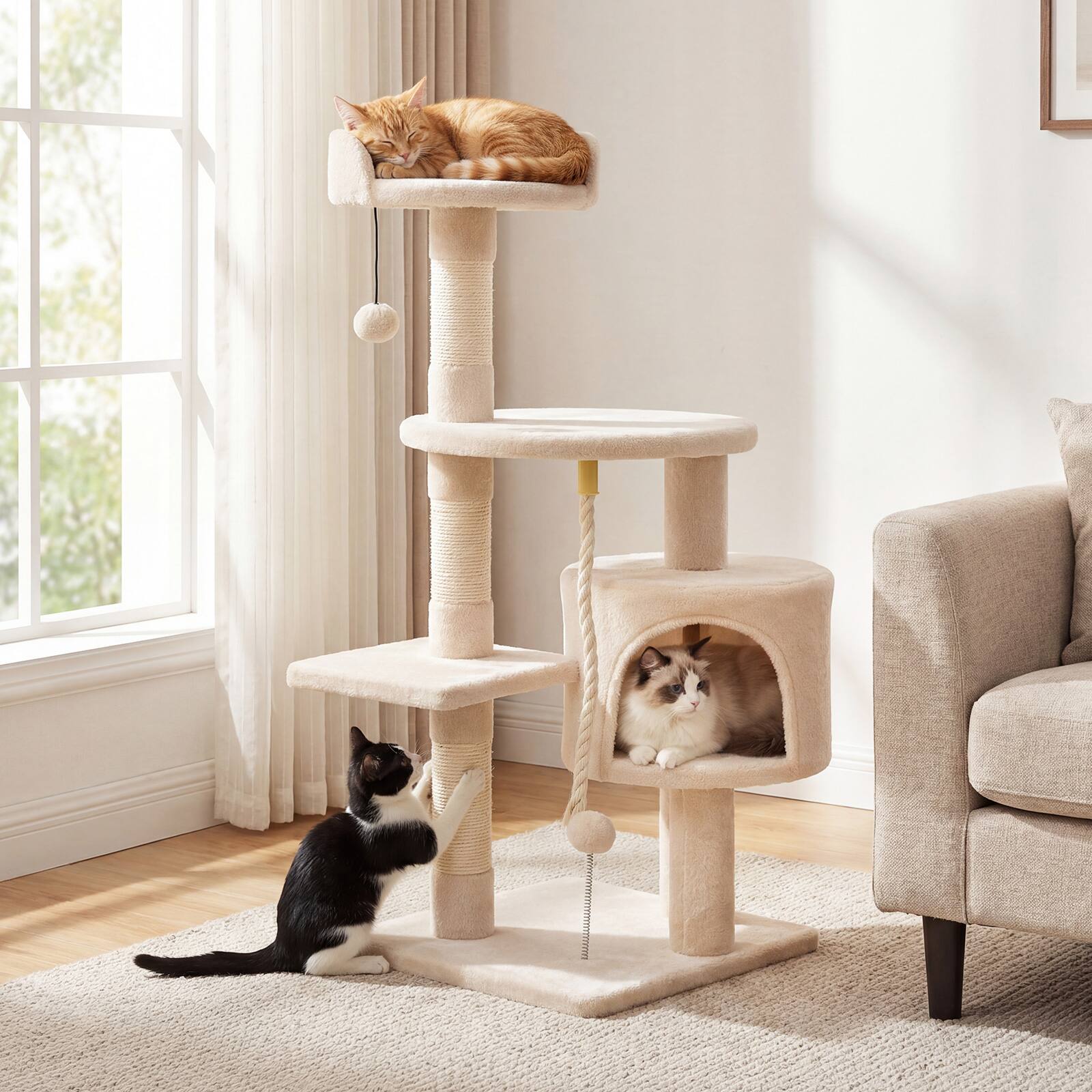 Alt View 4. Gymax - Gymax Cat Tree 36'' Cat Tower w/CondoTop Perch Sisal Scratching Posts & Hanging Rope Beige.