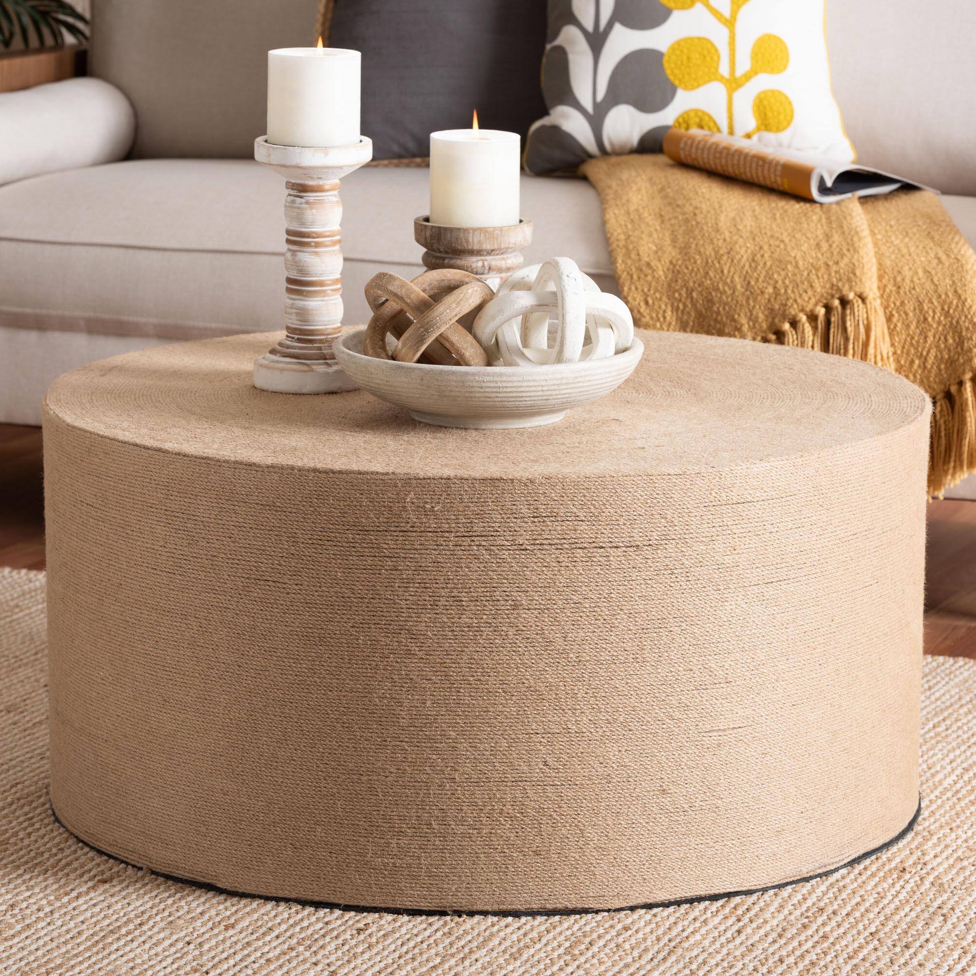 Alt View 1. bali & pari - Lapis Handwoven Jute Coffee Table - Boho Round Centerpiece with Natural Fiber Texture, Handcrafted - Natural Brown.