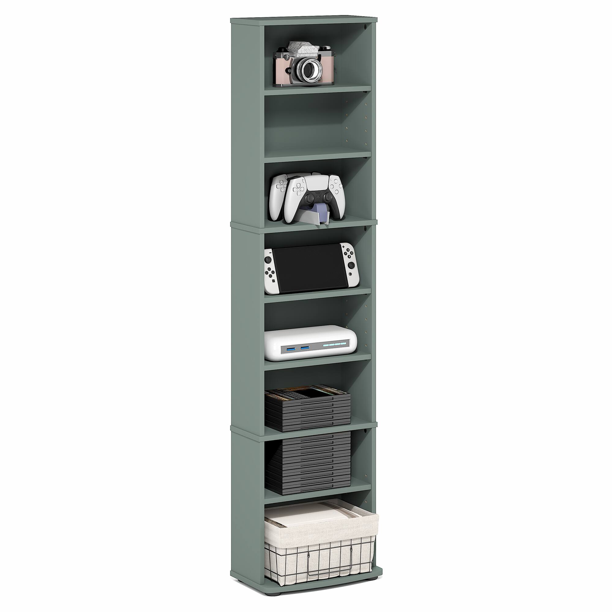 Front. Furinno - JAYA DVD Shelf, 8-Tier Media Shelf with Adjustable Shelves, for Living Room, Home Office - Sage Green.