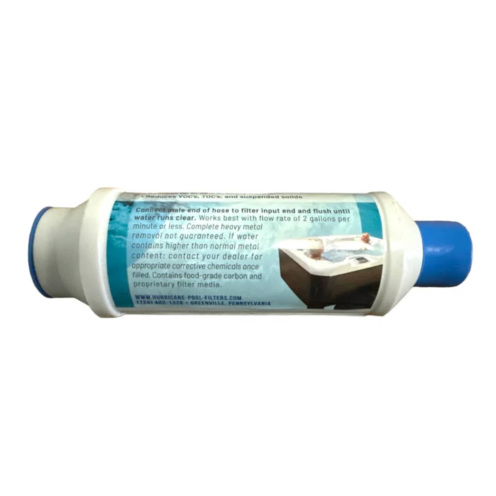 Connect male end of hose to filter input end and flush until water runs clear. Works best with flow rate of 2 gallons per minute or less. Complete heavy metal removal not guaranteed. If water contains higher than normal metal content: contact your dealer for appropriate corrective chemicals once filled. Contains food-grade carbon and proprietary filter media.

www.HURRICANE-POOL-FILTERS.COM  
402-1328  
GREENVILLE, PENNSYLVANIA