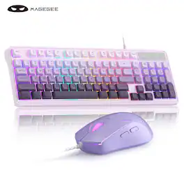 MageGee - 98-Key Silent RGB Keyboard & Mouse Combo - Ultra-Quiet Gaming Keyboard with Double-Shot Keycaps, Wired for Win/M - White/Purple