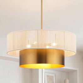 Parrot Uncle - 24" Modern Boho Handwoven Rope 5 Light Tiered Drum Chandelier with Adjustable Downrods - Vintage Brass