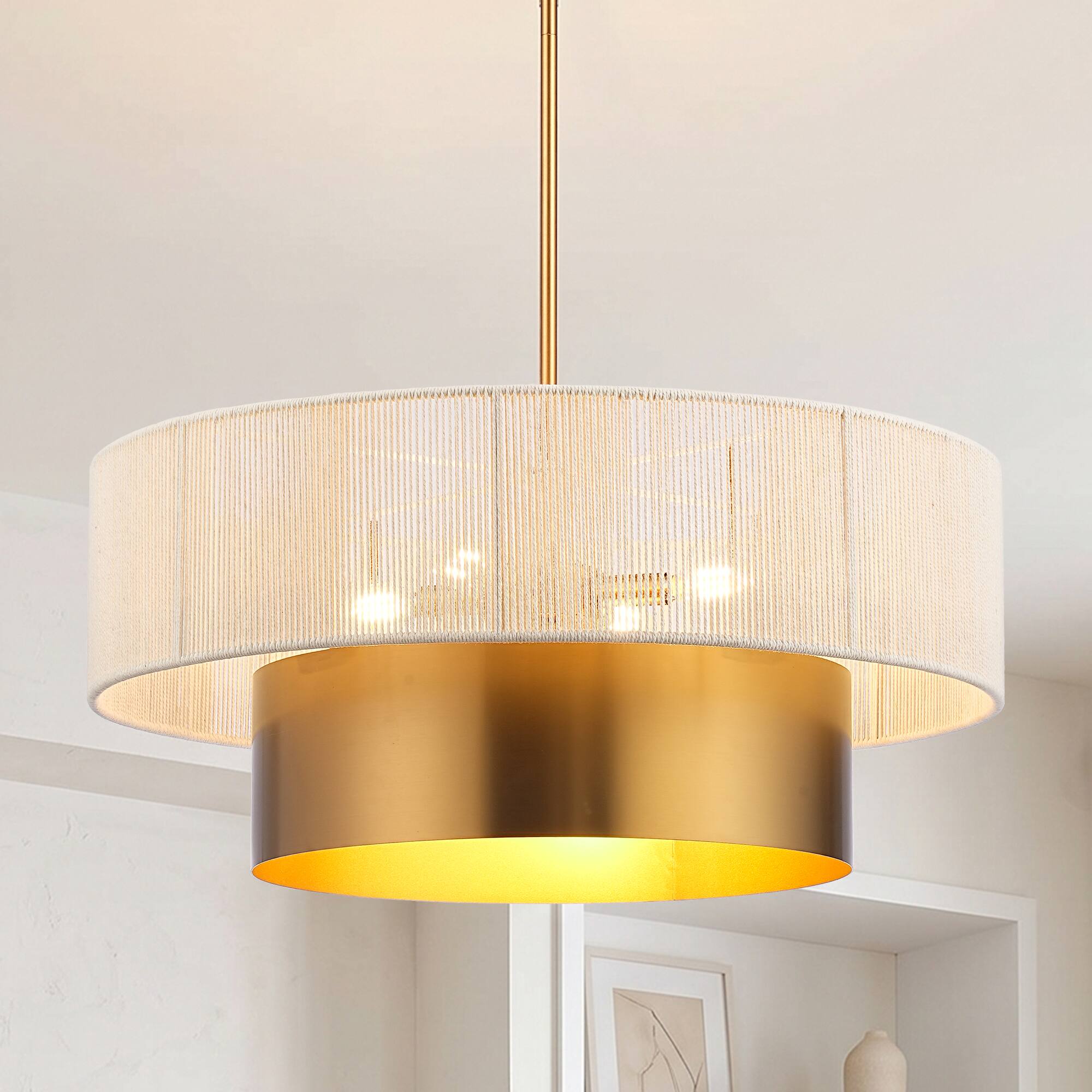 Front. Parrot Uncle - 24" Modern Boho Handwoven Rope 5 Light Tiered Drum Chandelier with Adjustable Downrods - Vintage Brass.