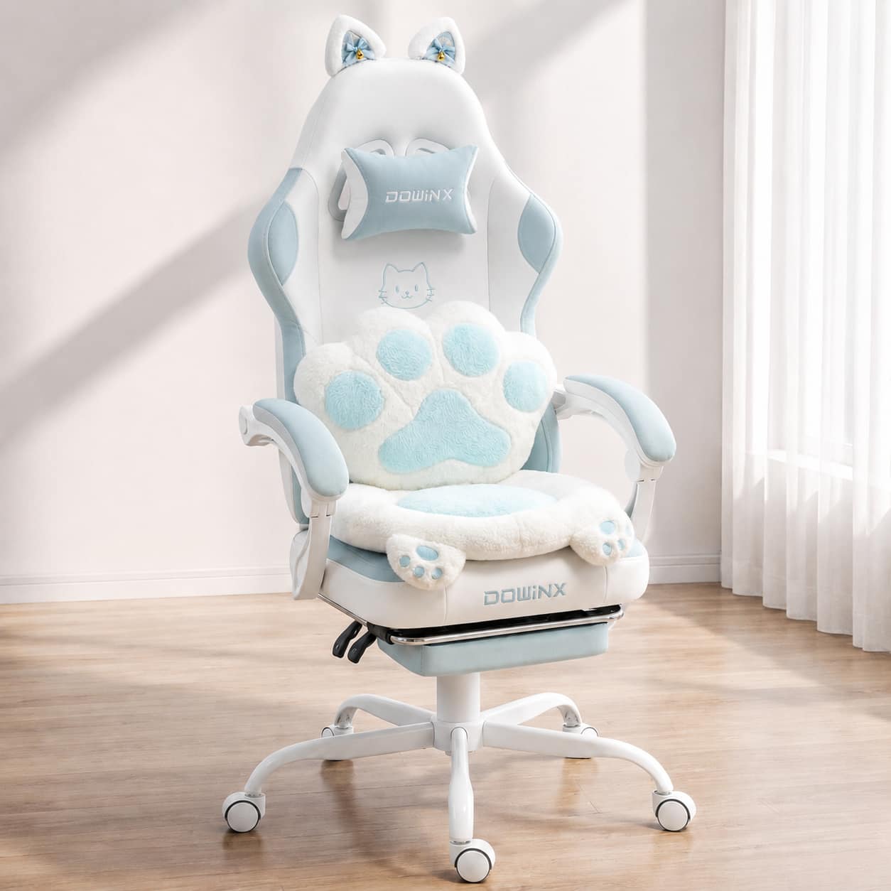 Dowinx - Cute Gaming Chair with Cat Ears and Paw Lumbar Seat Cushion, Ergonomic Computer Chair with Footrest & Headrest - Blue