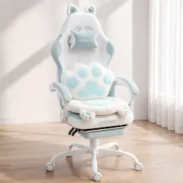 Dowinx - Cute Gaming Chair with Cat Ears and Paw Lumbar Seat Cushion, Ergonomic Computer Chair with Footrest & Headrest - Blue