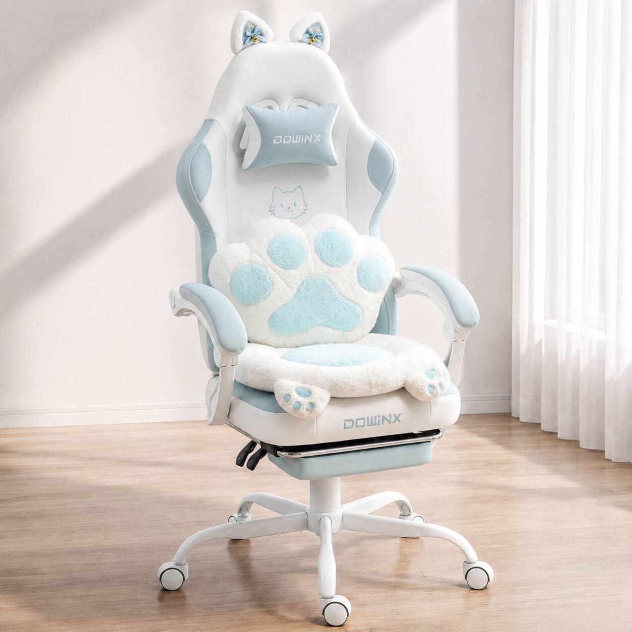 Front. Dowinx - Cute Gaming Chair with Cat Ears and Paw Lumbar Seat Cushion, Ergonomic Computer Chair with Footrest & Headrest - Blue.