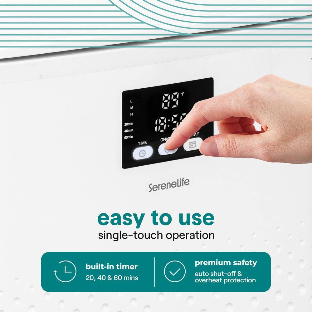 L : M H  
20min 40min 60min  
TIME ONI *F  
Serenelife  
easy to use  
single-touch operation  
built-in timer 20, 40 & 60 mins  
premium safety auto shut-off & overheat protection