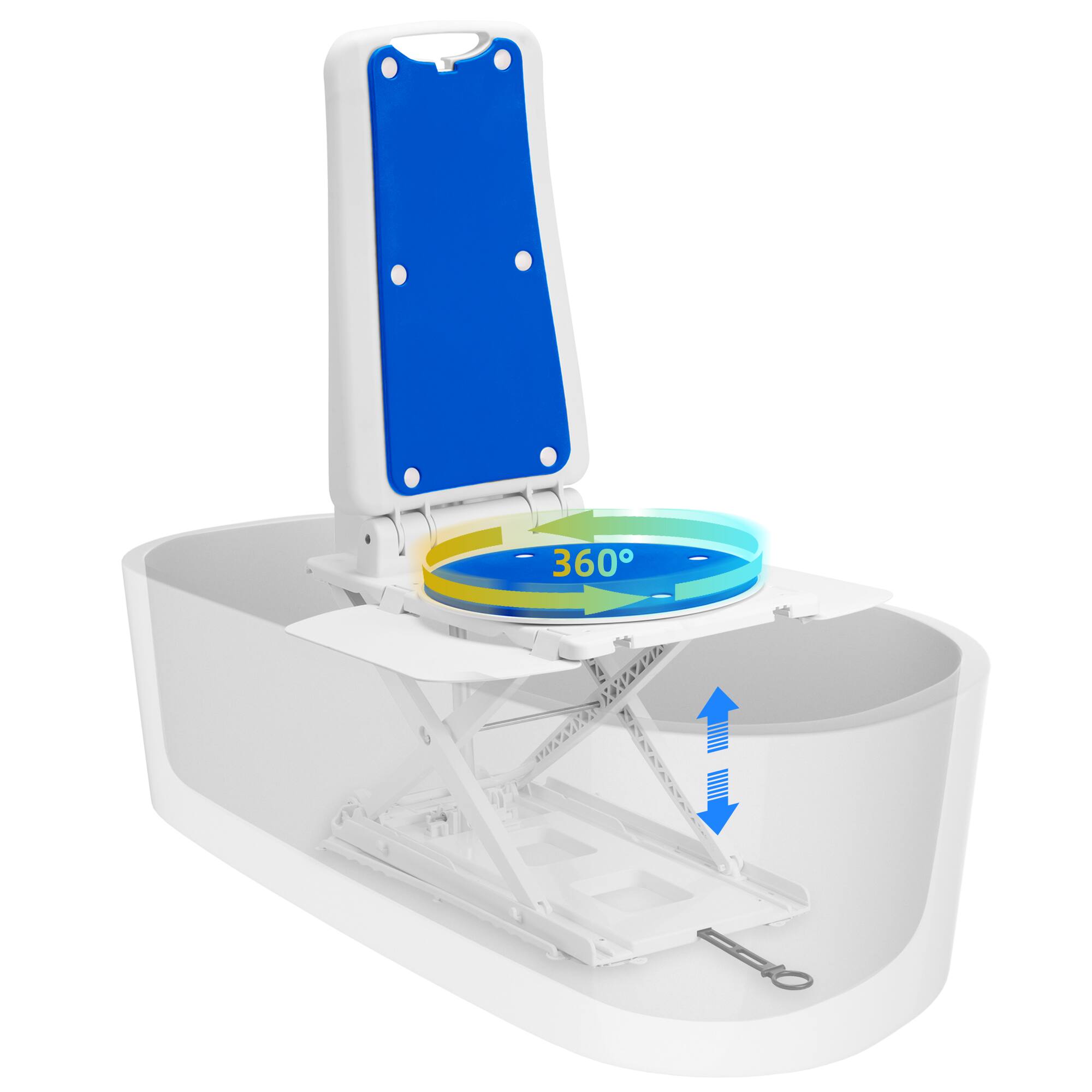 Left. Hover Heart - Electric Shower Chair with Lift, Adjustable Height, 275 lbs Capacity, Tool-Free Assembly, Medical Bath Seat - Blue.