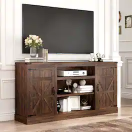 Espafurni - 66" Farmhouse TV Stand w/Power Outlet, 33"H, Adjustable Shelves & Storage – Fits 75" TV - Brown