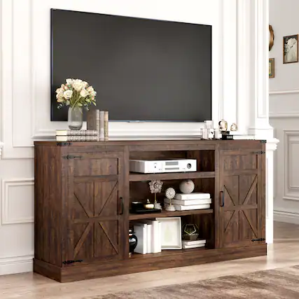 Front. Espafurni - 66" Farmhouse TV Stand w/Power Outlet, 33"H, Adjustable Shelves & Storage – Fits 75" TV - Brown.