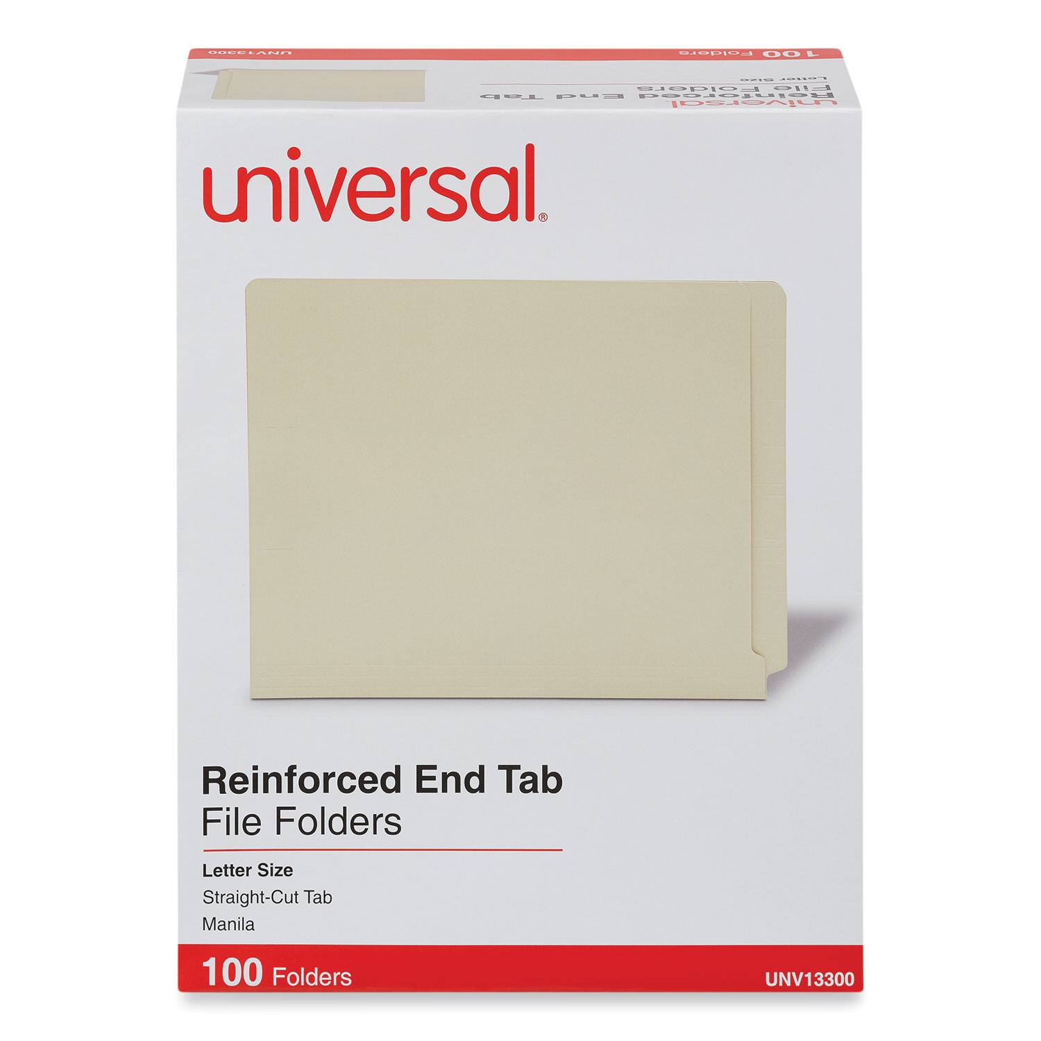 Universal Reinforced End Tab File Folders  
Letter Size  
Straight-Cut Tab  
Manila  
100 Folders  
UNV13300