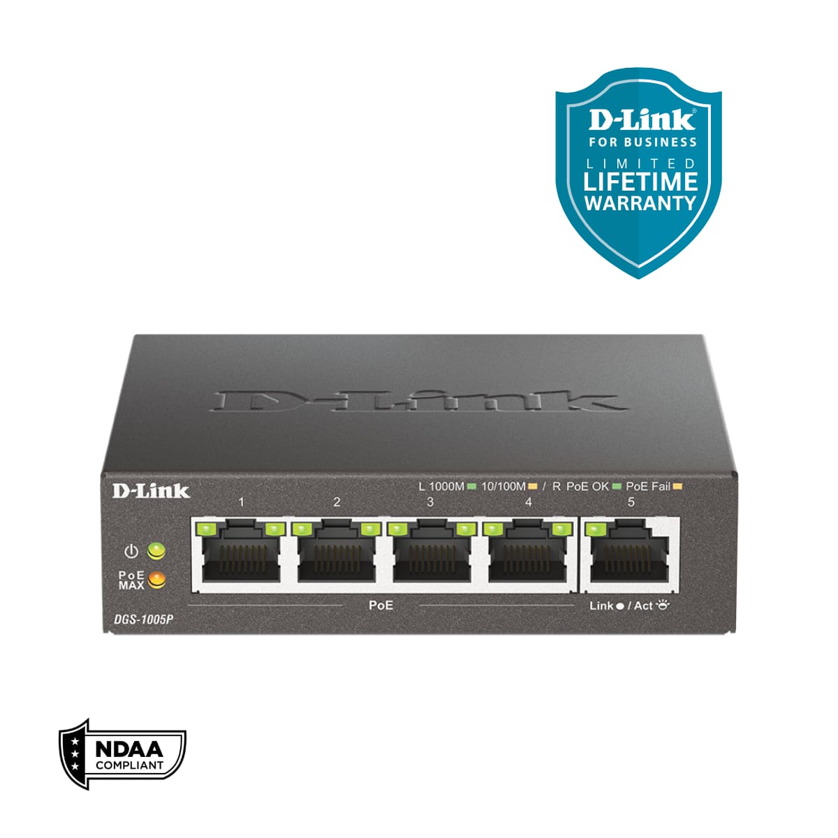 D-Link - DGS-1005P 5-Port Gigabit Unmanaged 4 PoE+ Ports (60W Total PoE Budget) | Fanless | Metal Compact Desktop - Black