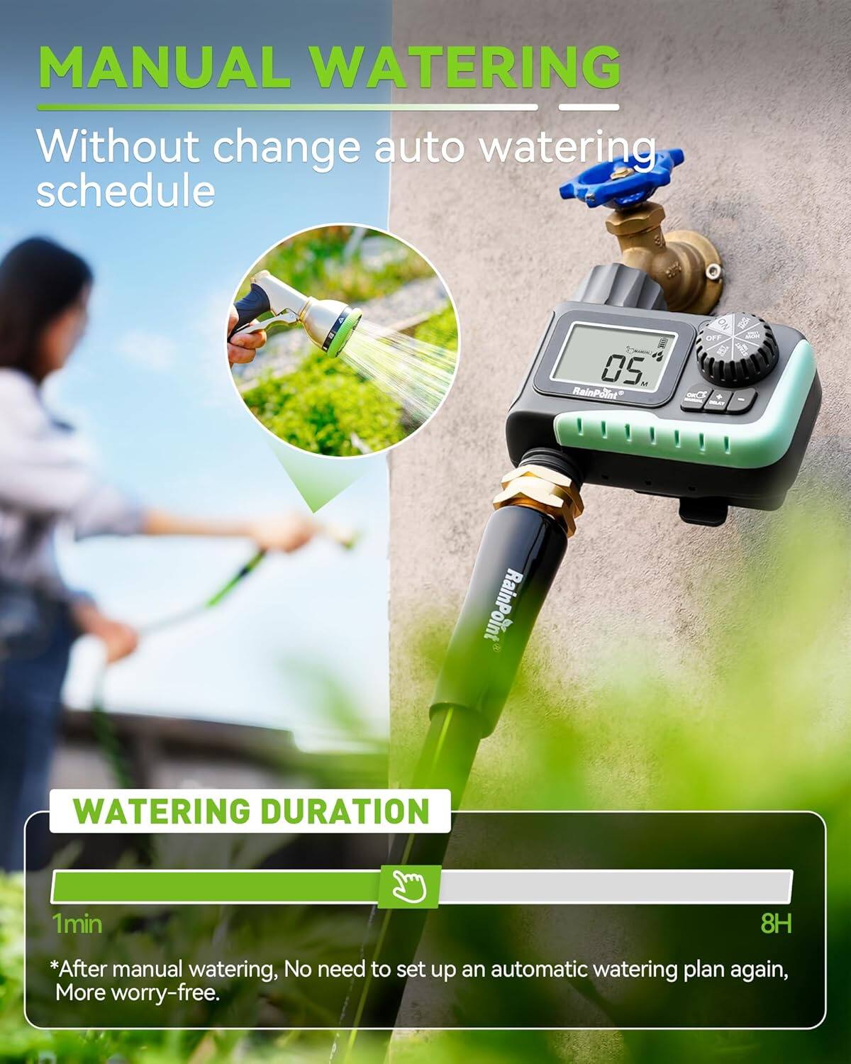 MANUAL WATERING  
Without change auto watering schedule  

WATERING DURATION  
1min  
8H  

*After manual watering, No need to set up an automatic watering plan again, More worry-free.