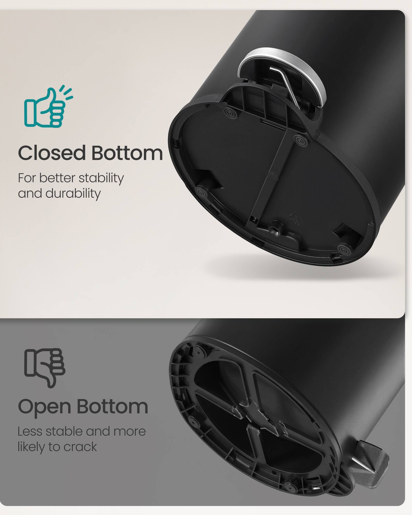 Closed Bottom  
For better stability and durability  

Open Bottom  
Less stable and more likely to crack