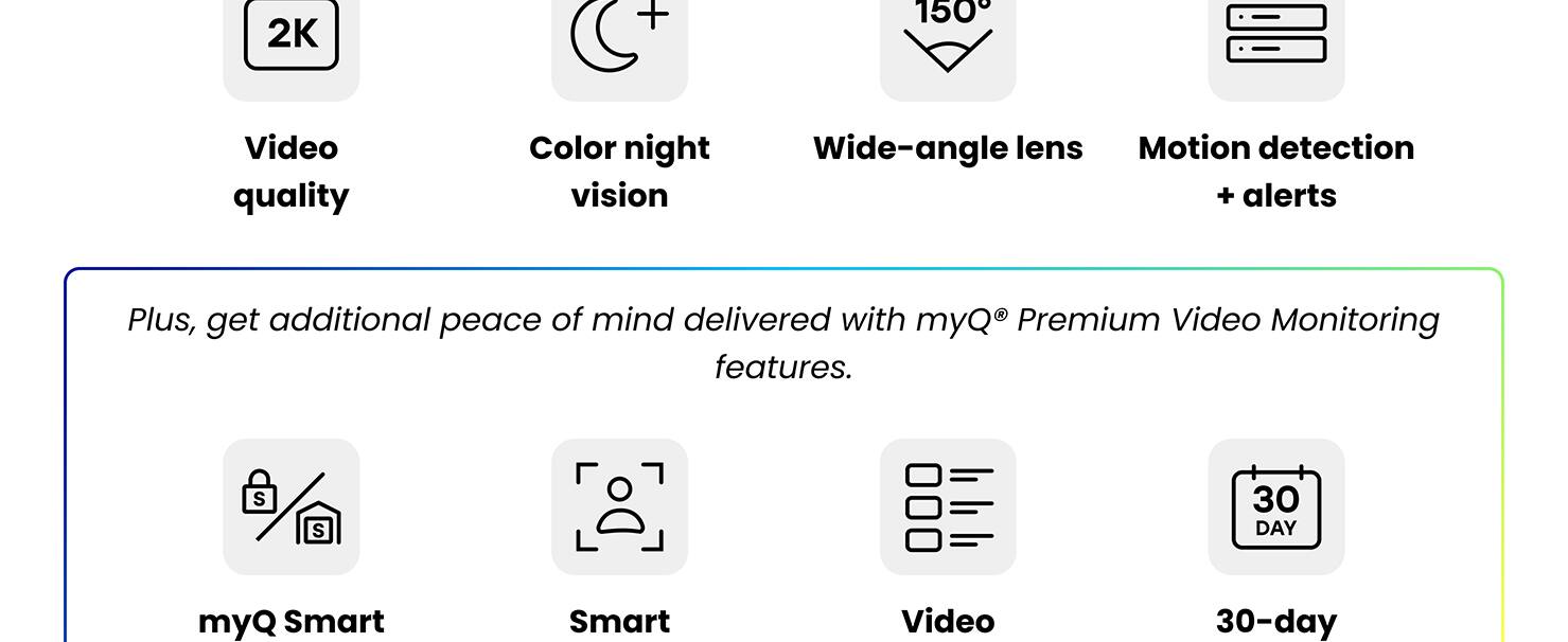 2K Video quality, Color night vision, Wide-angle lens, Motion detection + alerts, myQ Smart, Smart Video, 30-day