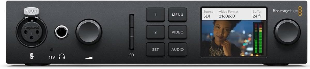 PUSH  
1 MENU  
Source: SDI  
Video Format: 2160p60  
Buffer: 24 fr  
Blackmagicdesign  
Ampheno  
48V SD  
SET AUDIO