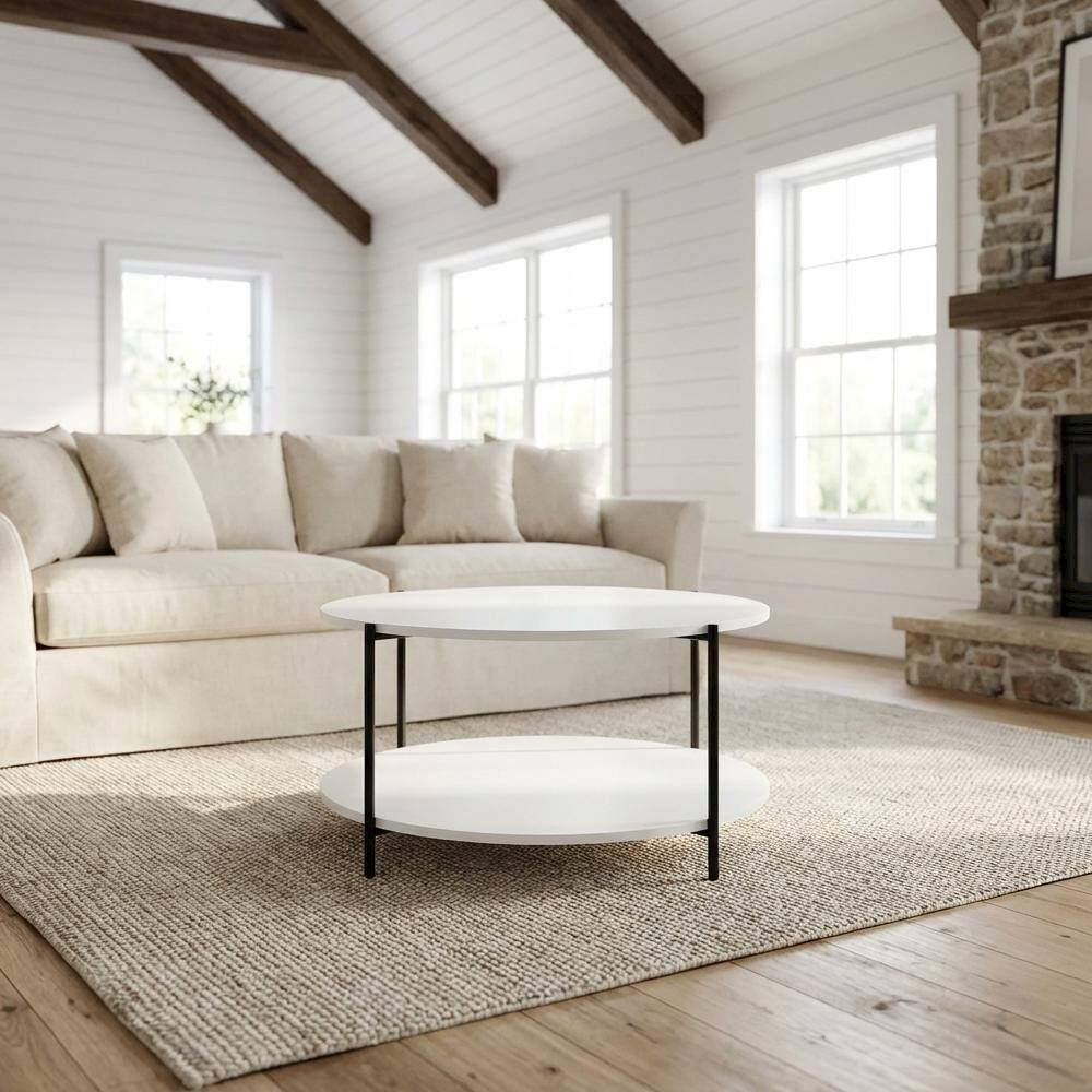 Angle. FurniFact - White 2-Tier Round Coffee Table with Metal Legs and Sturdy Frame for Living Room - White, Black.