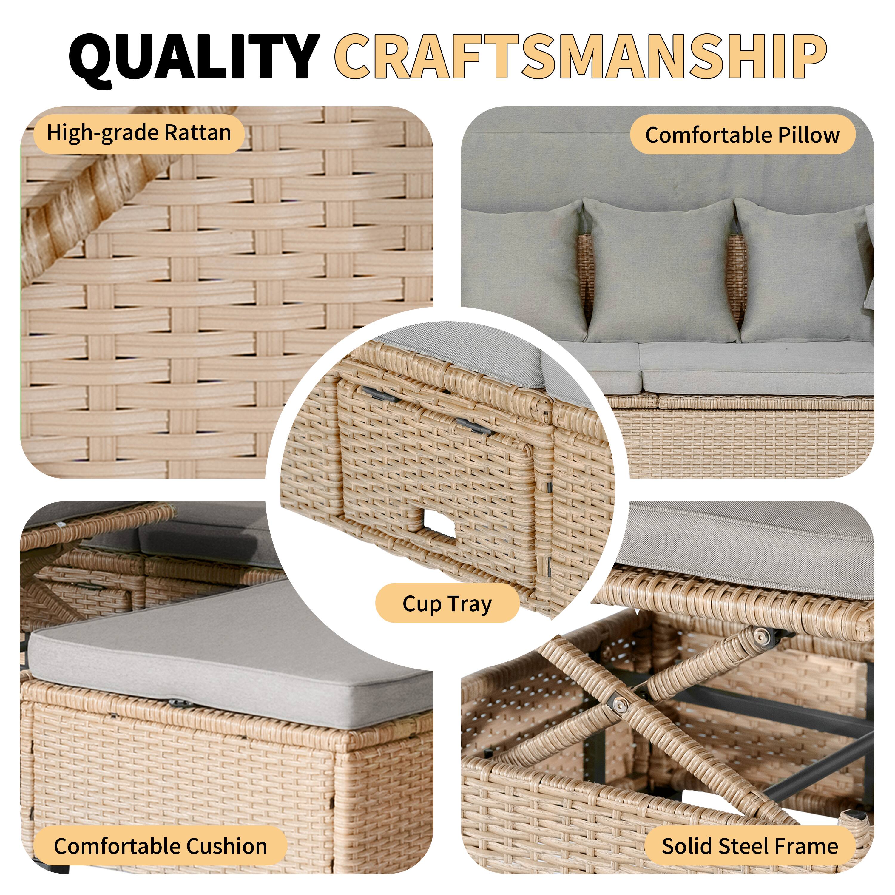 QUALITY CRAFTSMANSHIP

- High-grade Rattan
- Comfortable Pillow
- Cup Tray
- Comfortable Cushion
- Solid Steel Frame