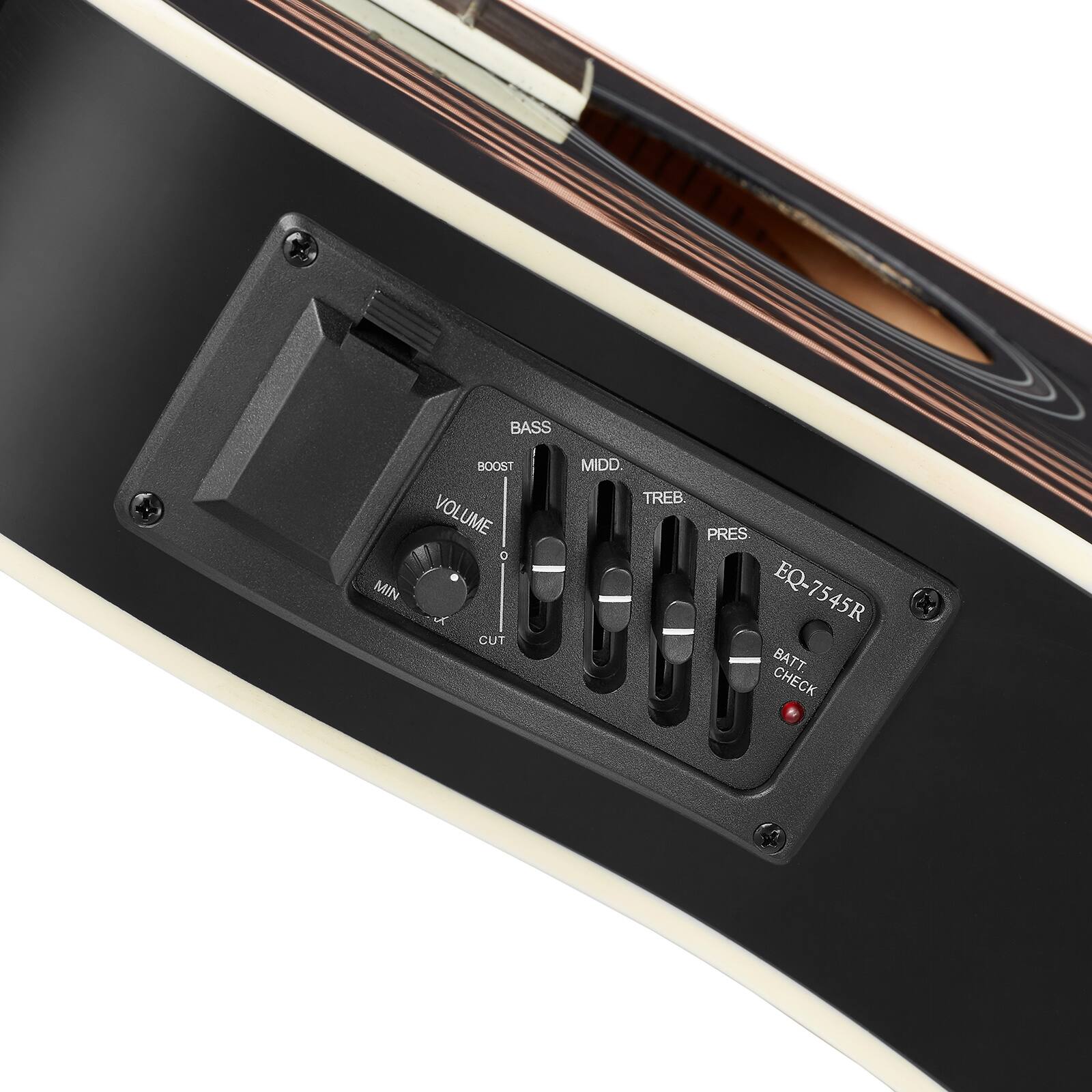 BASS BOOST VOLUME C MIN CUT MIDD TREB PRES EQ-7545R X BATT CHECK