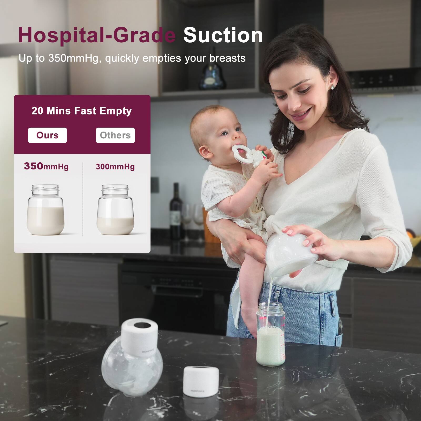 Hospital-Grade Suction  
Up to 350mmHg, quickly empties your breasts  

20 Mins Fast Empty  
Ours: 350mmHg  
Others: 300mmHg