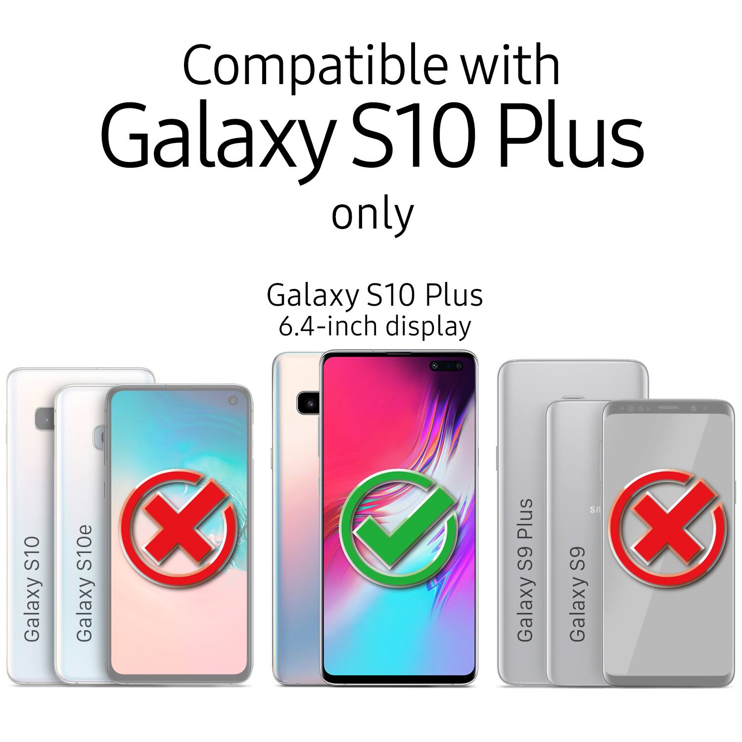 Compatible with Galaxy S10 Plus only, Galaxy S10 Plus 6.4-inch display, S10, Galaxy S10e, Galaxy X Plus 6S, Galaxy SA 6S, Galaxy X