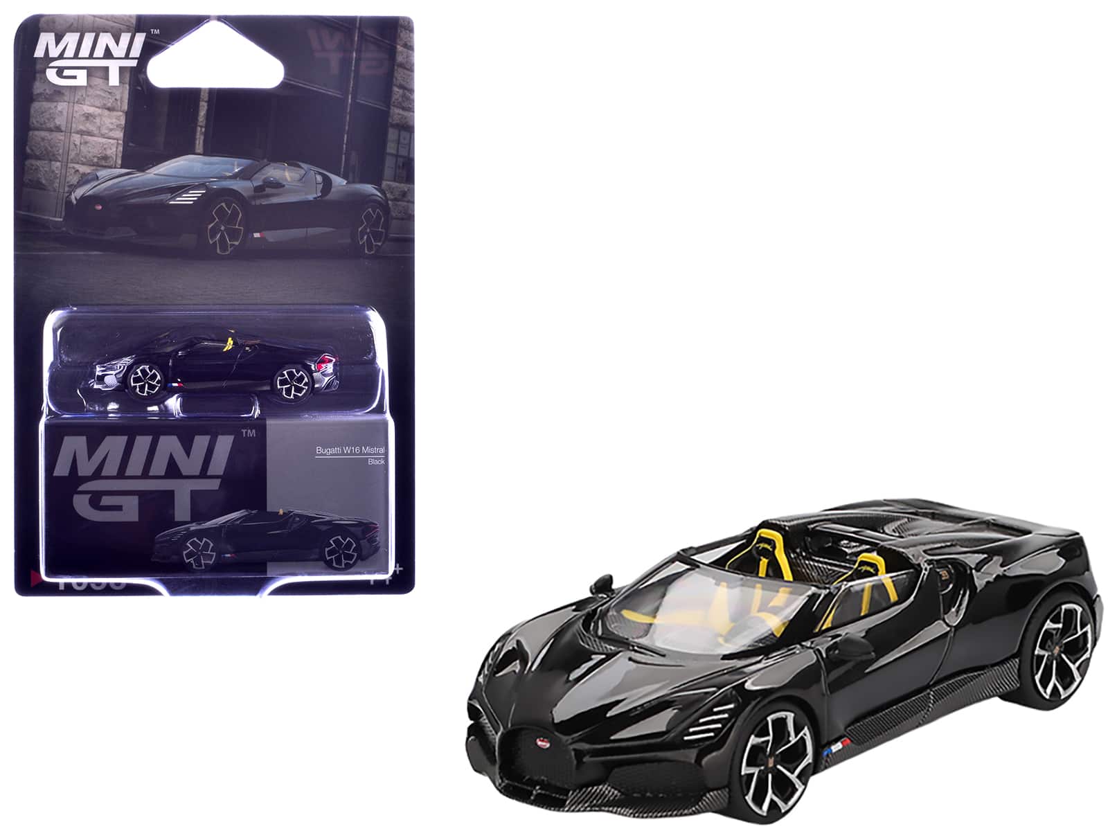 Bugatti W16 Mistral with Yellow Interior Limited Edition 1/64 Diecast Model Car by Mini GT - Black