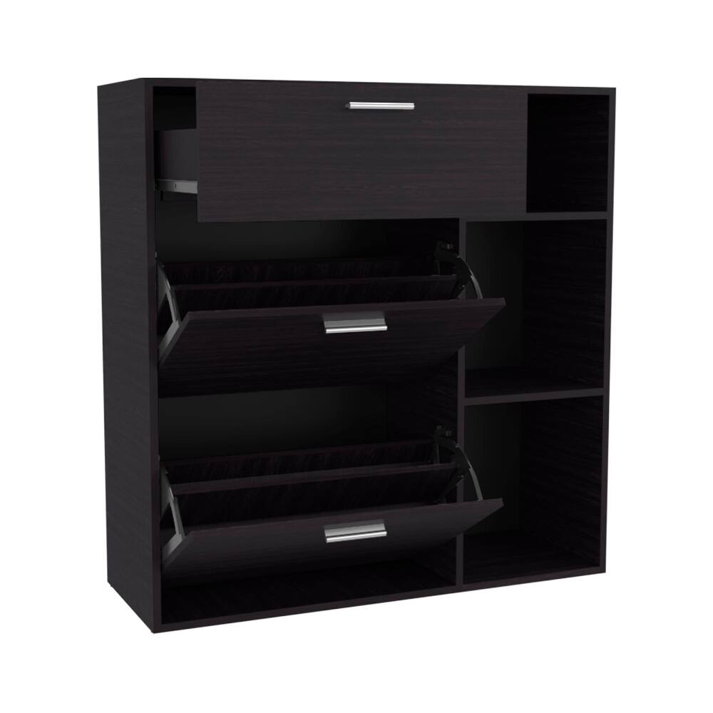 Alt View 2. Loheer - Loheer black 3-door shoe cabinet, shoe storage with interior and side shelves - Black.