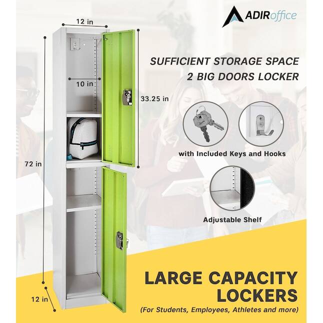 ADIRoffice, SUFFICIENT STORAGE SPACE, 2 BIG DOORS LOCKER, 33.25 in, 72 in, with Included Keys and Hooks, Adjustable Shelf, LARGE CAPACITY LOCKERS (For Students, Employees, Athletes and more), 12 in, 12 in