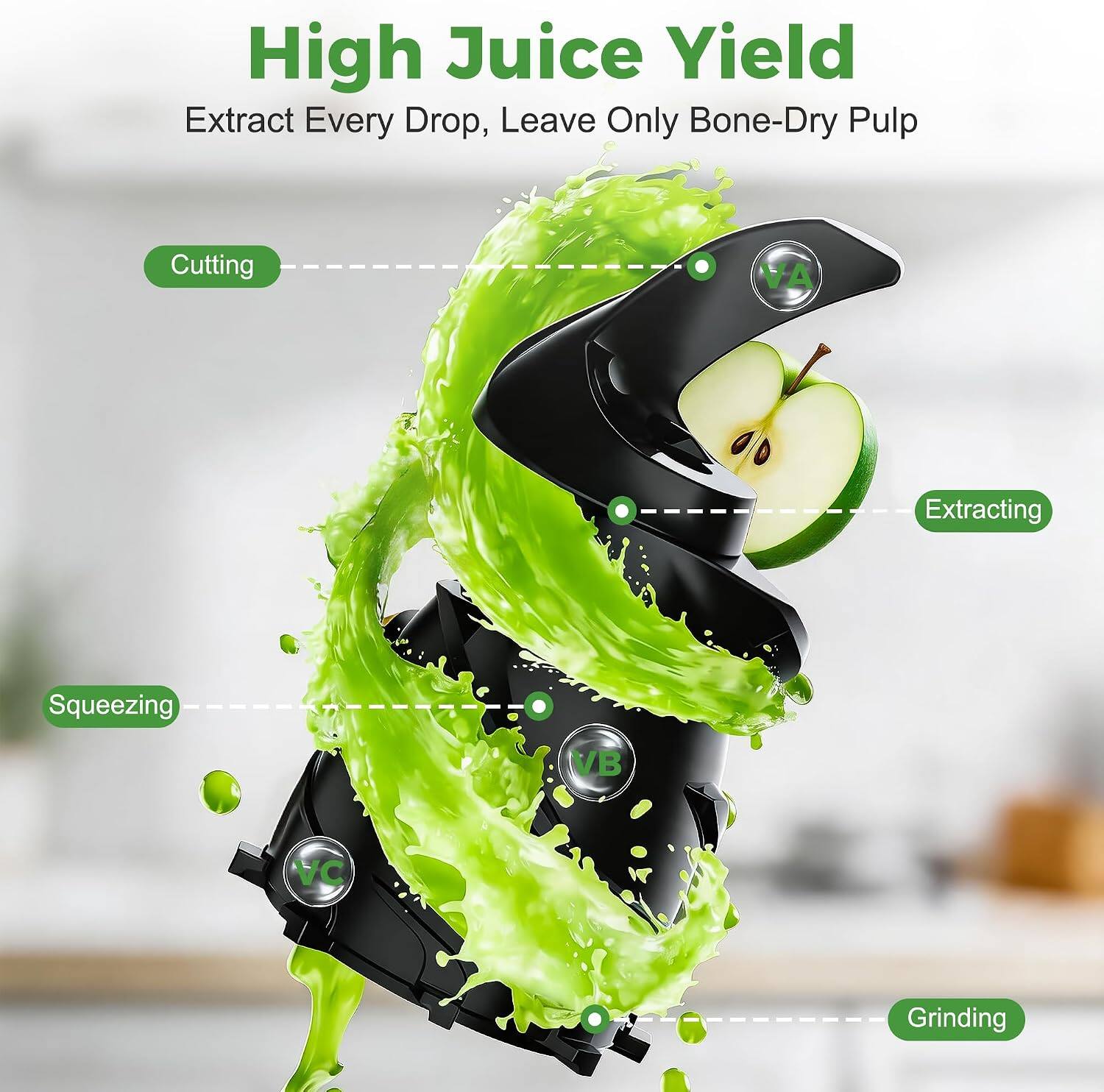 High Juice Yield  
Extract Every Drop, Leave Only Bone-Dry Pulp  

Cutting  
Extracting  
Squeezing  
Grinding