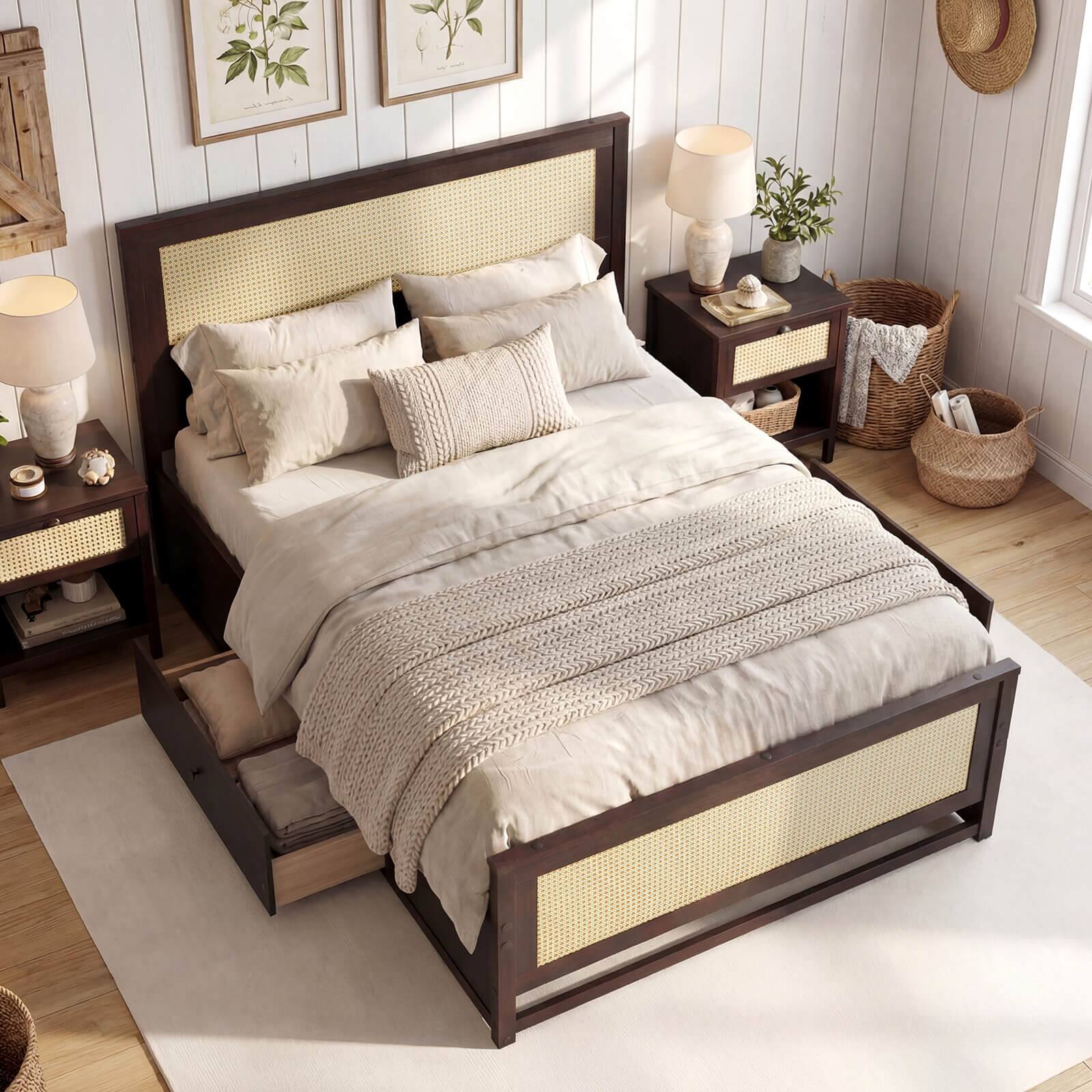 Alt View 1. Costway - Costway Full Size Rattan Bed Frame with Headboard, 2 Storage Drawers & Space - Rustic Brown.