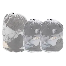 Unique Bargains - Practical 3pcs Mesh Laundry Bag Coarse Drawstring Net with M L Sizes for Washing Machine and Home Travel Storage - White