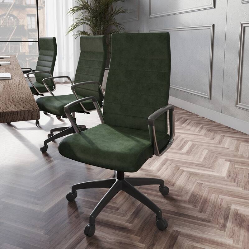 Angle. LeisureMod - Hilton High-Back Adjustable Office Desk Chair Upholstered in Leather with Steel Frame, Swivel, and Ergonomic Support - Green.