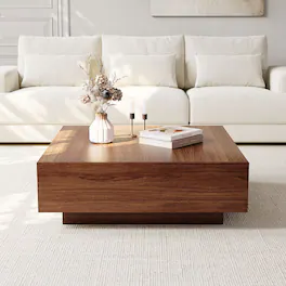 POVISON - 39" Fully-assembled Square Wood Coffee Table Mid-Century Coffee Table with 2 Drawer for Living Room, Brown - Walnut
