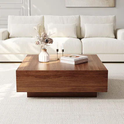 Front. POVISON - 35" Mid-Century Square Wood Coffee Table with 2 Drawer for Living Room, Fully-assembled, Brown - Walnut.