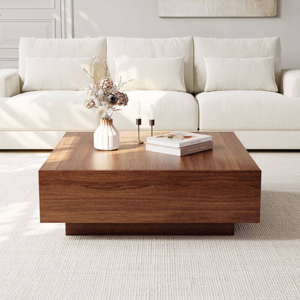 Front. POVISON - 35" Mid-Century Square Wood Coffee Table  with 2 Drawer for Living Room, Fully-assembled, Brown - Walnut.