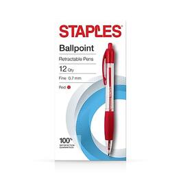 Staples - Retractable Ballpoint Pens, Fine Point, Dozen - Red Ink