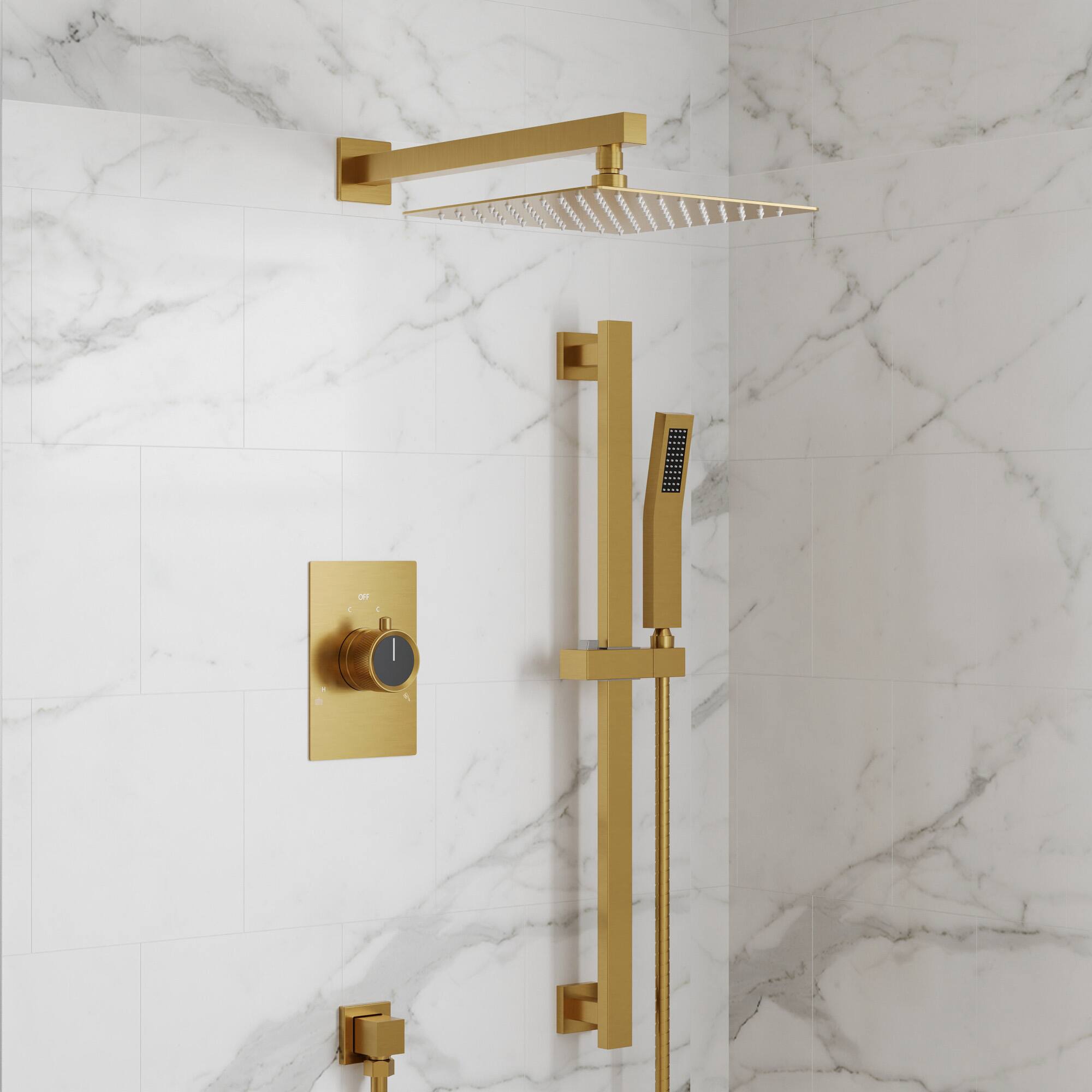 Angle. GRANDJOY - 10" High Pressure Rain Shower System with Handheld Shower and 2-Function Mixer Valve - Brushed Gold.