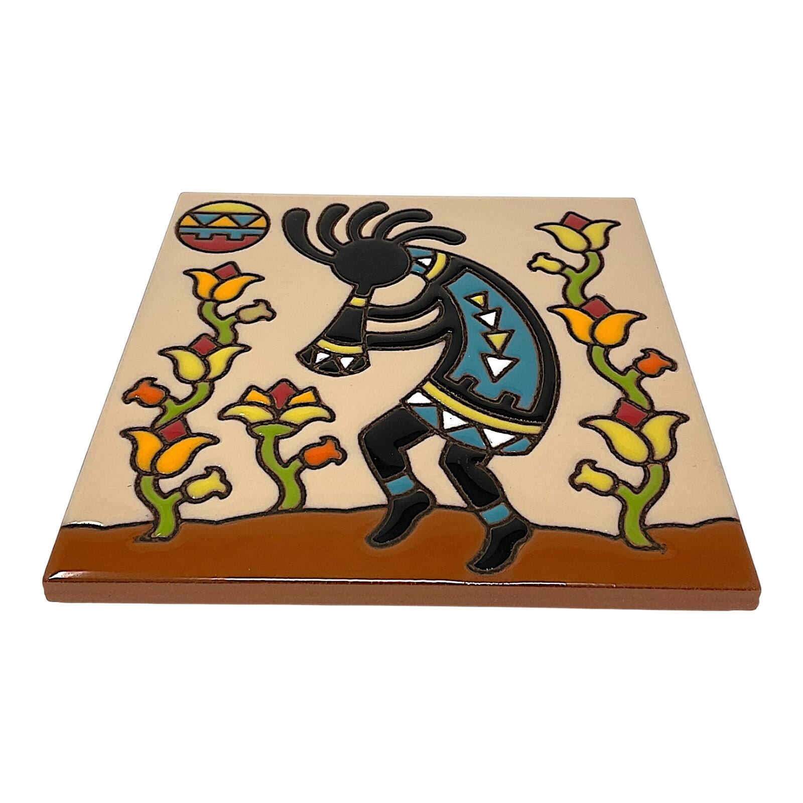 Angle. Earthtones Tile - Earthtones Kokopelli Flower Charmer 6X6 Hand Glazed Southwestern Decorative Tile or Kitchen Trivet - Multicolor.