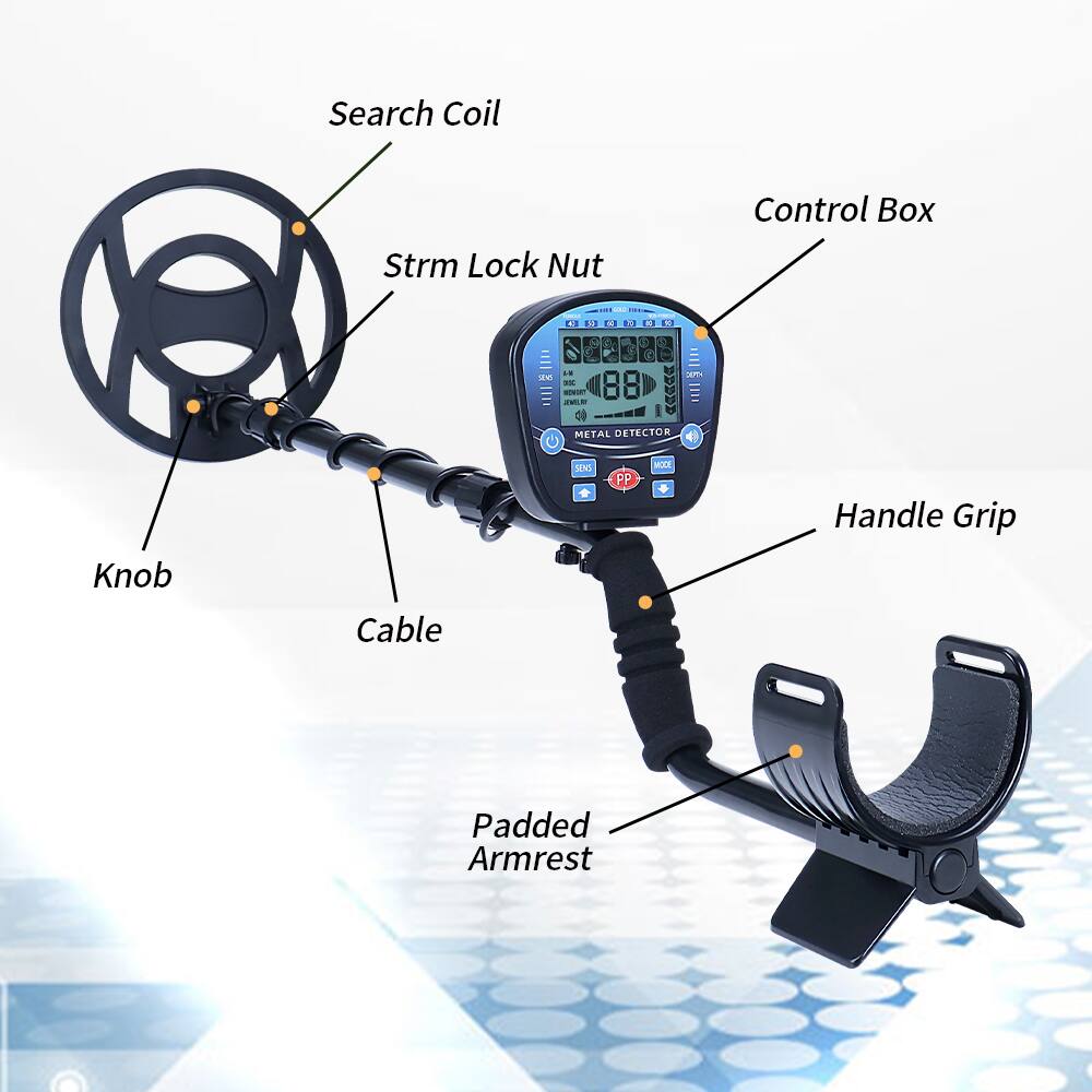 - Search Coil
- Strm Lock Nut
- Control Box
- Handle Grip
- Padded Armrest
- Knob
- Cable
